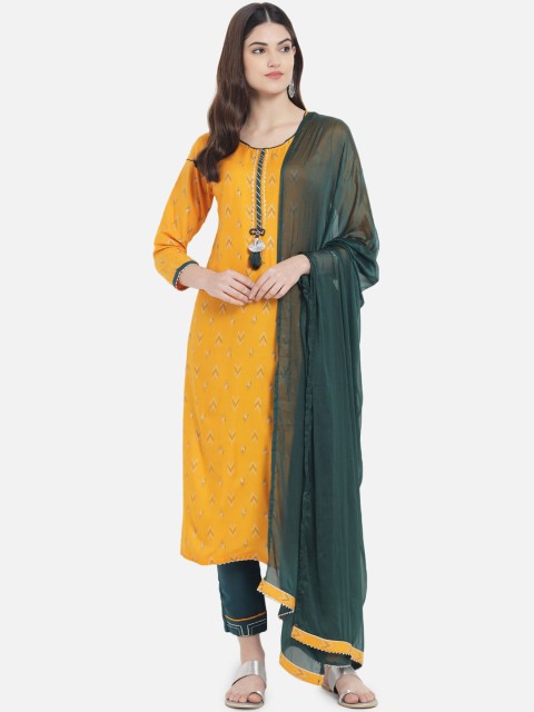 

Kiana Women Yellow & Green Printed Kurta with Trousers & With Dupatta