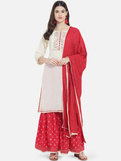 

Kiana Women Off White Ethnic Motifs Embroidered Kurta with Sharara & Dupatta