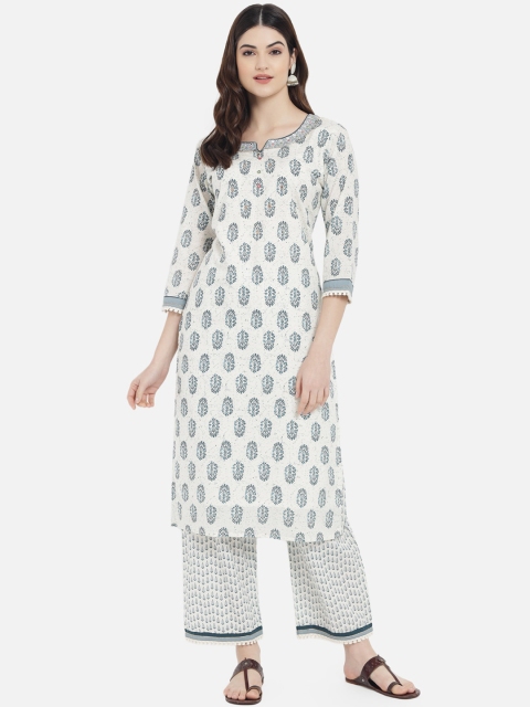 

Kiana Women White Ethnic Motifs Printed Mirror Work Pure Cotton Kurta with Palazzos