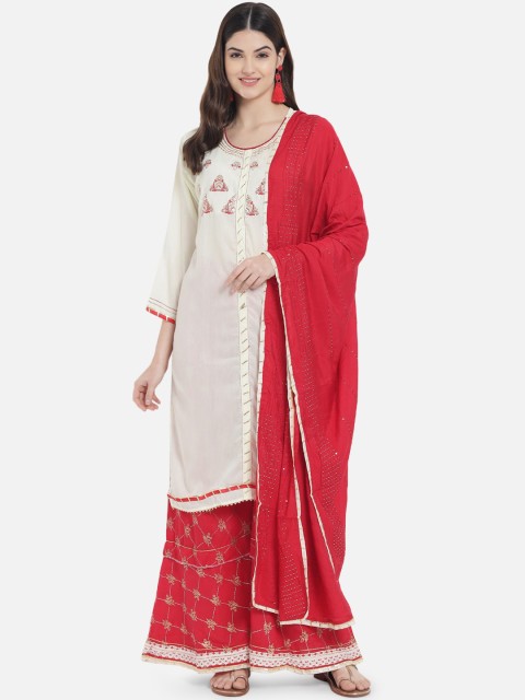 

Kiana Women Off White & Red Floral Embroidered Silk Kurta Palazzos & Dupatta Set