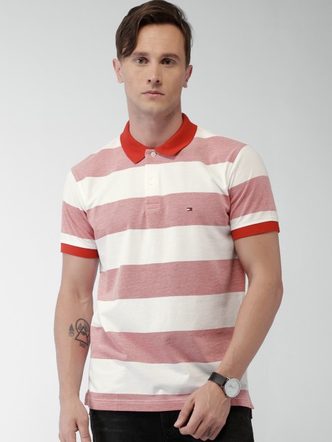 

Tommy Hilfiger Men White & Red Striped Polo T-shirt