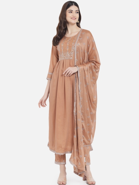 

Kiana Women Brown & Silver-Toned Yoke Design Pure Cotton Kurta with Trousers & Dupatta