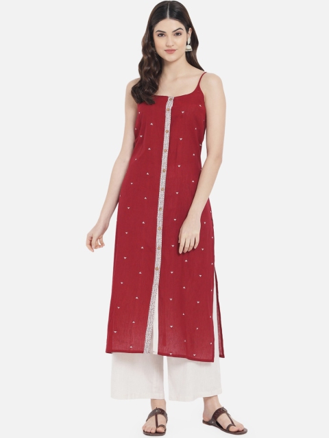 

Kiana Women Red & White Geometric Woven Design Pure Cotton Kurta with Palazzos