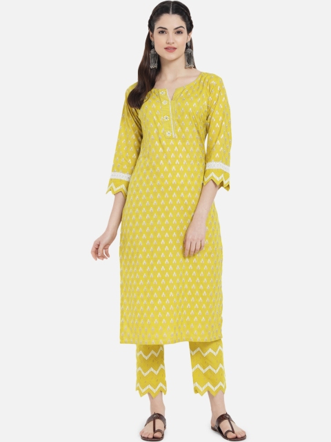 

Kiana Women Yellow Floral Printed Pure Cotton Kurta with Trousers