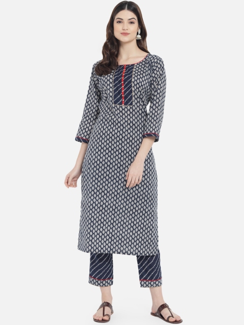 

Kiana Women Blue Ethnic Motifs Printed Pure Cotton Kurta with Trousers Set