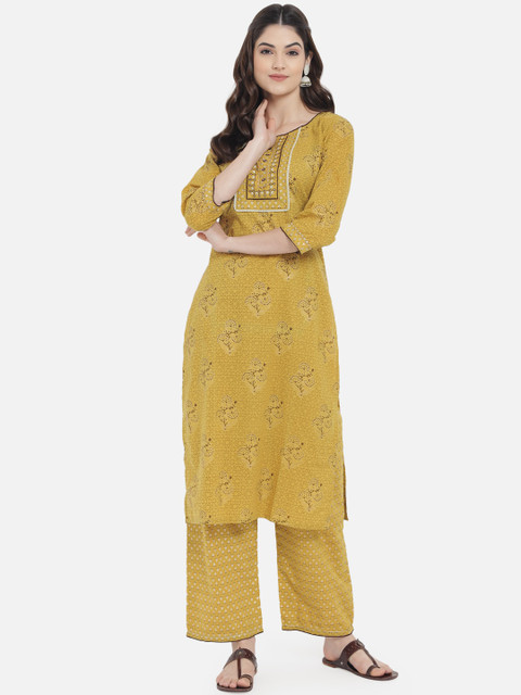 

Kiana Women Mustard Yellow Ethnic Motifs Printed Pure Cotton Kurta with Palazzos