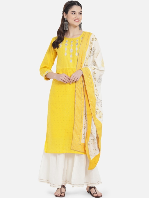

Kiana Women Yellow & White Yoke Design Pure Cotton Kurta Sharara & Dupatta Set