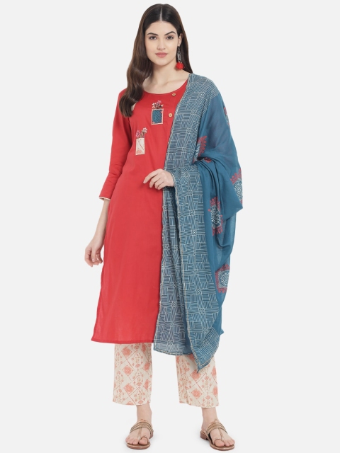 

Kiana Women Red Ethnic Motifs Pure Cotton Kurta with Trousers & Dupatta