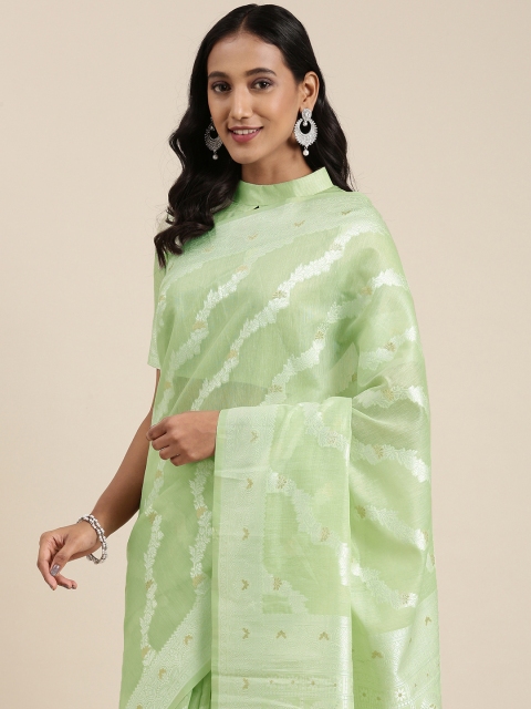 

Satrani Green & Silver Ethnic Motifs Zari Saree