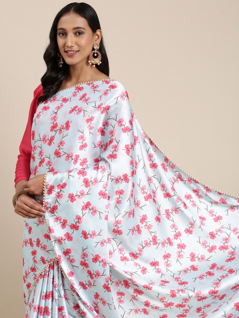 

Satrani Blue & Pink Floral Printed Satin Saree