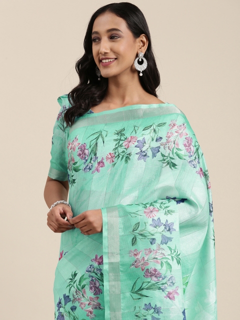 

Satrani Turquoise Blue & Pink Floral Printed Saree