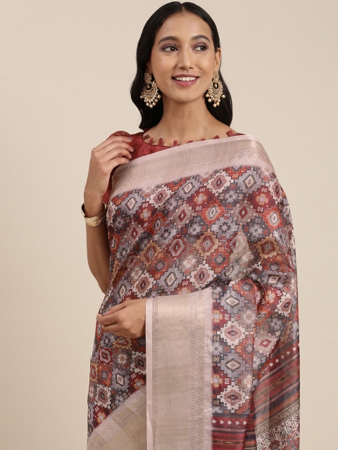 

Satrani Maroon & Navy Blue Ethnic Motifs Printed Saree
