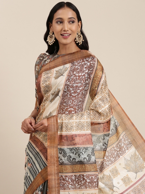 

Satrani Beige & Brown Abstract Printed Saree