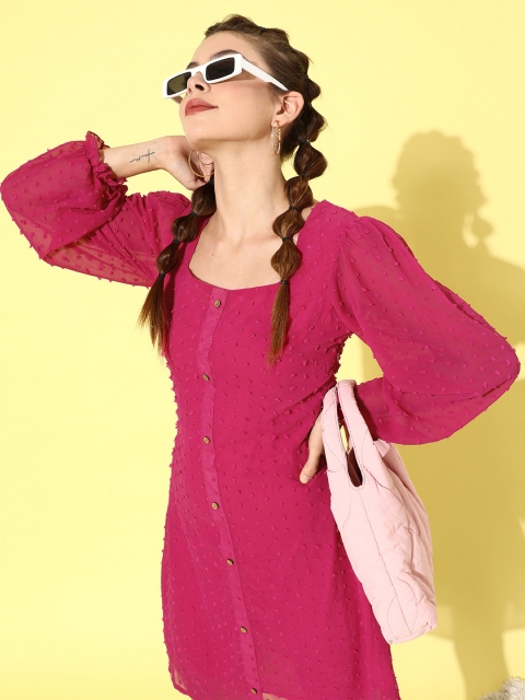 

DODO & MOA Women Bright Fuchsia Self-Design Nuovo Sleeves Dress