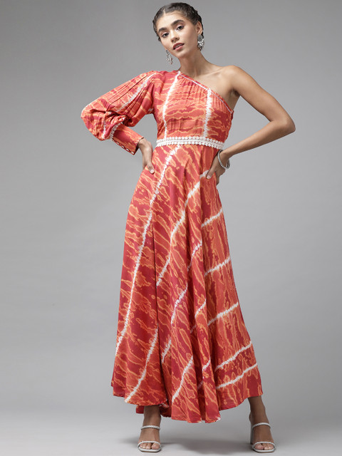 

Yufta Rust Orange & White Tie and Dye Dyed One Shoulder Ethnic Maxi Dress