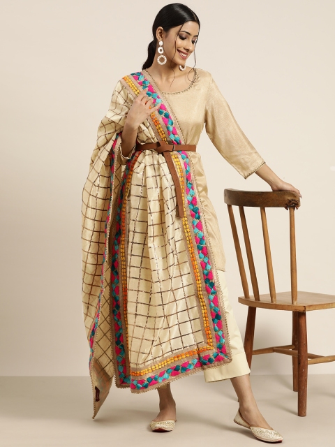 

Sangria Beige & Golden Checked Dupatta with Phulkari