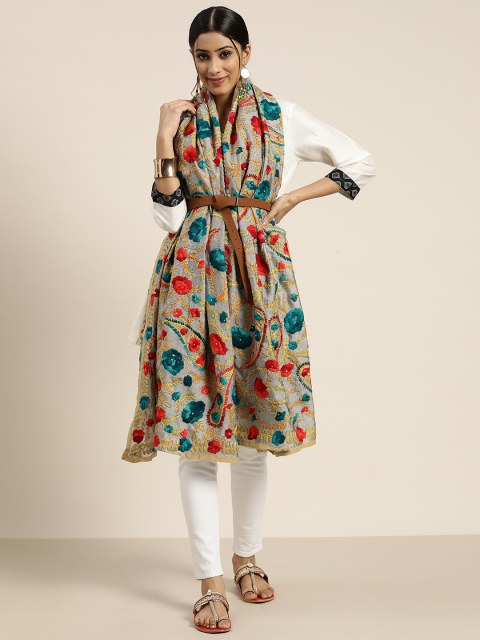 

Sangria Grey & Teal Green Embroidered Phulkari Embroidered Dupatta