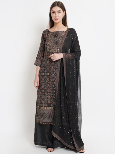 

Stylee LIFESTYLE Black & Gold-Toned Printed Pure Silk Unstitched Dress Material