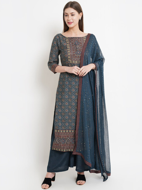 

Stylee LIFESTYLE Women Teal & Brown Printed Pure Silk Unstitched Dress Material