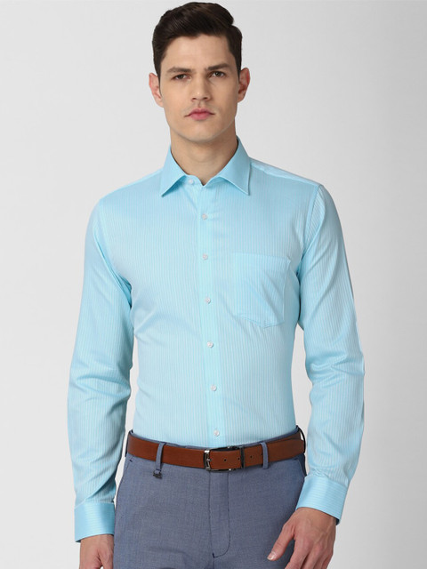 

Van Heusen Men Turquoise Blue Slim Fit Vertical Striped Pure Cotton Formal Shirt