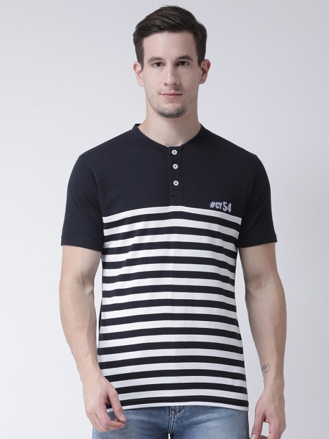 

Club York Men Navy Blue Striped Henley Neck Cotton T-shirt