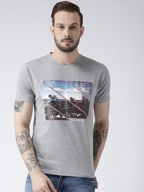 

Club York Men Grey Melange Printed Cotton T-shirt