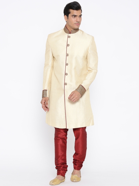 

Manish Creations Cream-Coloured & Red Brocade Pattern Handicraft Sherwani