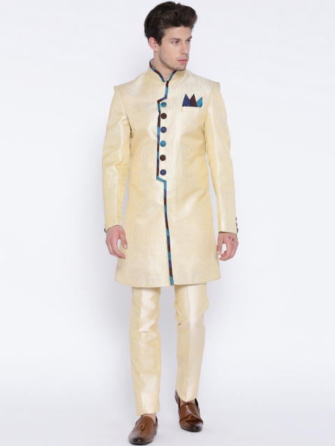 

Manish Creations Cream-Coloured Self-Striped Handcrafted Sherwani