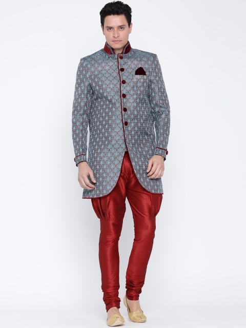 

Manish Creations Blue & Maroon Brocade Pattern Handicraft Sherwani