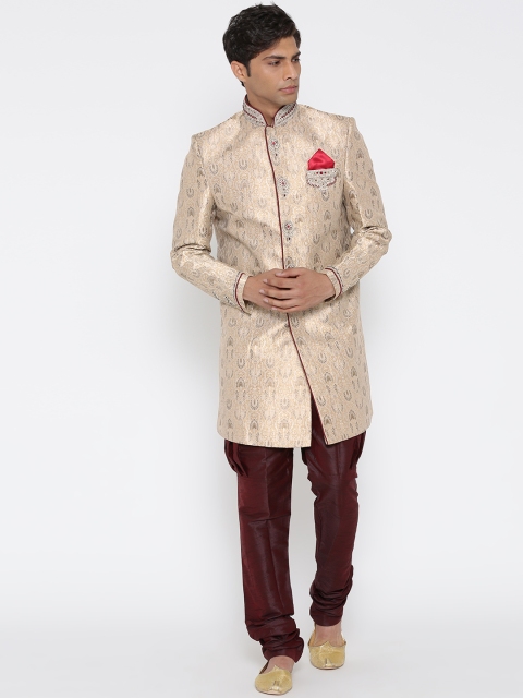 

Manish Creations Beige Brocade Embellished Handicraft Sherwani