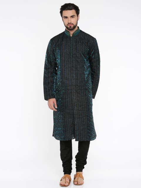 

Manish Creations Blue & Black Jacquard Weave Kurta Pyjama Set
