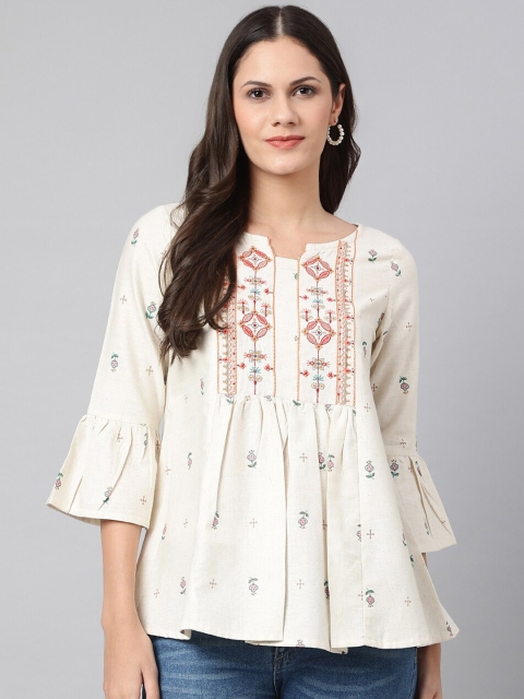 

Os Women White Embroidered Pure Cotton A-Line Top