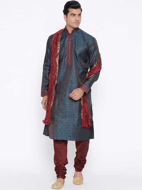 

Manish Creations Blue & Maroon Tanchoi Kurta & Pyjama with Stole