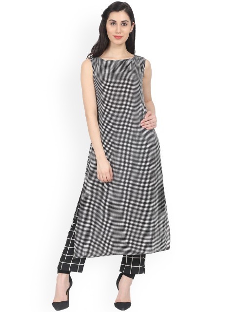 

AASI - HOUSE OF NAYO Women Black & White Checked Pure Cotton Kurta with Trousers