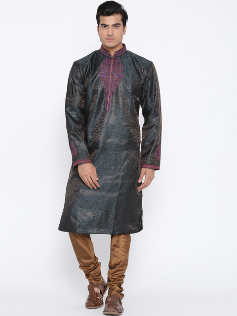 

Manish Creations Teal Blue & Brown Tanchoi Kurta Pyjama