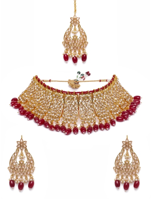 

AccessHer Gold-Plated & White Kundan & Red Pearls Studed Handcrafted Jewellery Set