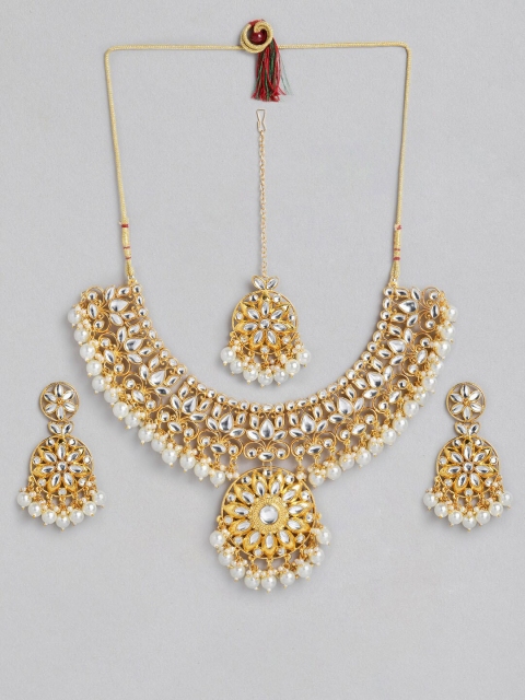 

AccessHer Gold-Plated & White Kundan & Pearls Studed Jewellery Set