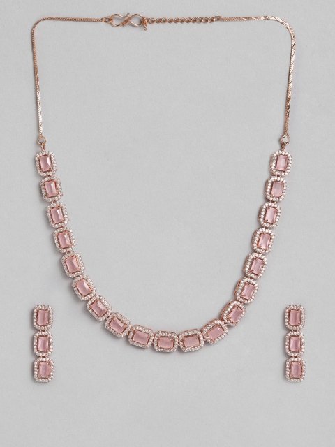 

AccessHer Rose Gold-Plated Pink AD-Studded Jewellery Set