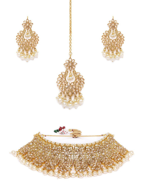 

AccessHer Gold-Plated & White Kundan & Pearls Studed Jewellery Set