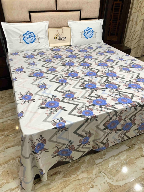 

Pure Decor Blue & White Floral 400 TC King Bedsheet with 2 Pillow Covers