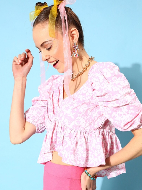 

STREET 9 Pink Floral Print Crepe Cinched Waist Top