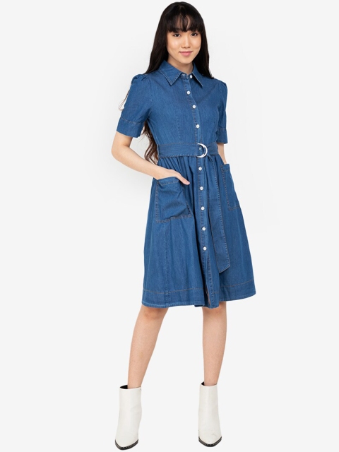 

ZALORA BASICS Women Blue Solid Belted A-Line Dress