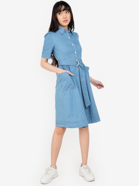 

ZALORA BASICS Blue Denim Belted Shirt Dress