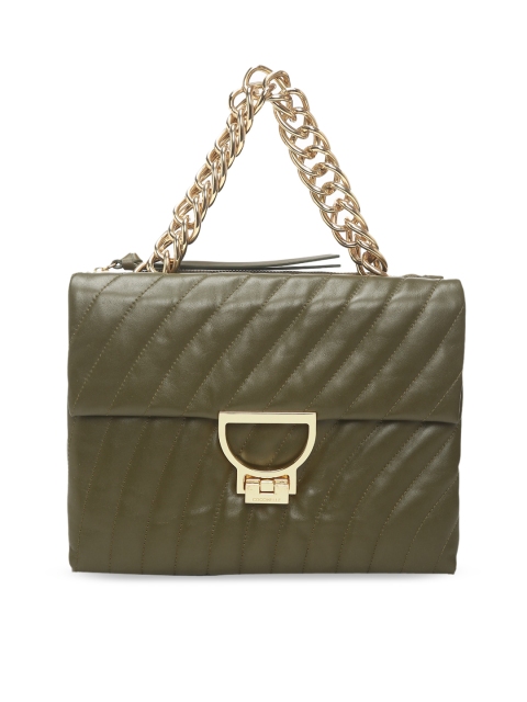 

Coccinelle Olive Green Textured Leather Swagger Sling Bag with Quilted