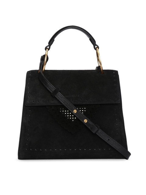 

Coccinelle Black Textured Leather Structured Satchel Bag with Cut Work