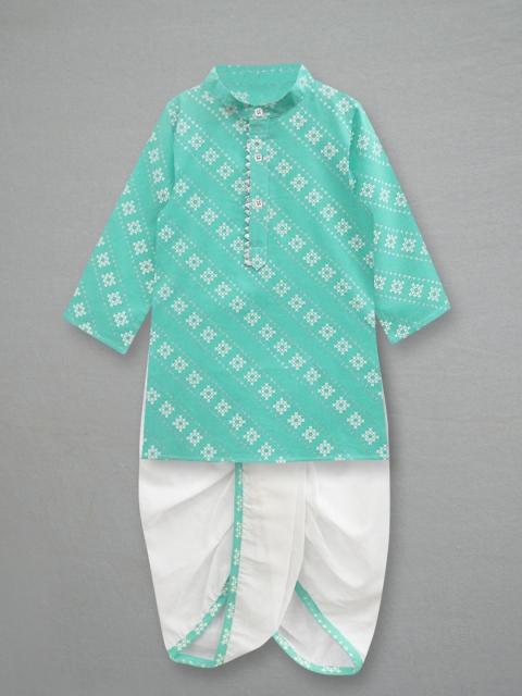 

A.T.U.N. Boys Sea Green & White Geometric Printed Pure Cotton Kurta with Dhoti Pants