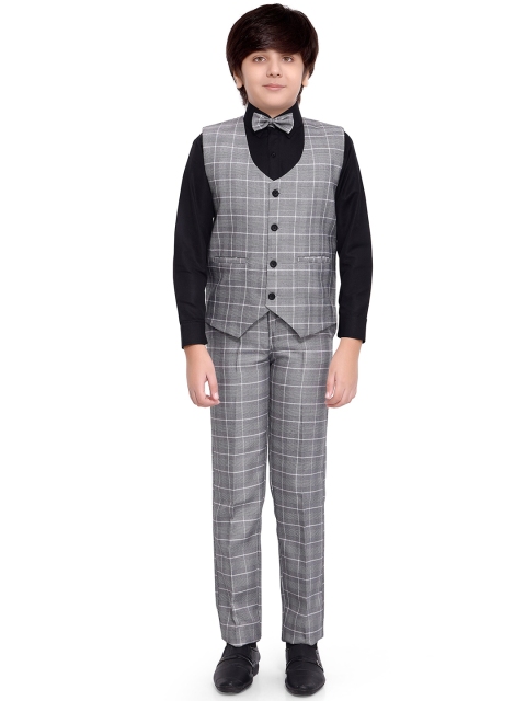 

Jeetethnics Boys Grey & White Checked Shirt with Trousers & WaistCoat with Bow