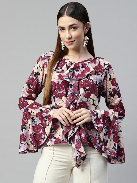 

Ives Red & Pink Floral Print Ruffles Crepe Top