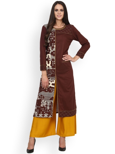 

Tulsattva Women Brown Colourblocked Thread Work Kurta