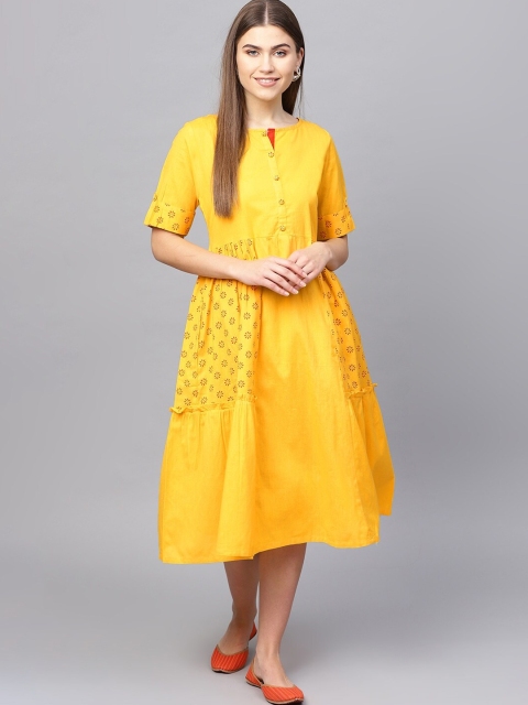 

Tulsattva Women Mustard Yellow Ethnic Motifs Printed Cotton A-Line Midi Dress